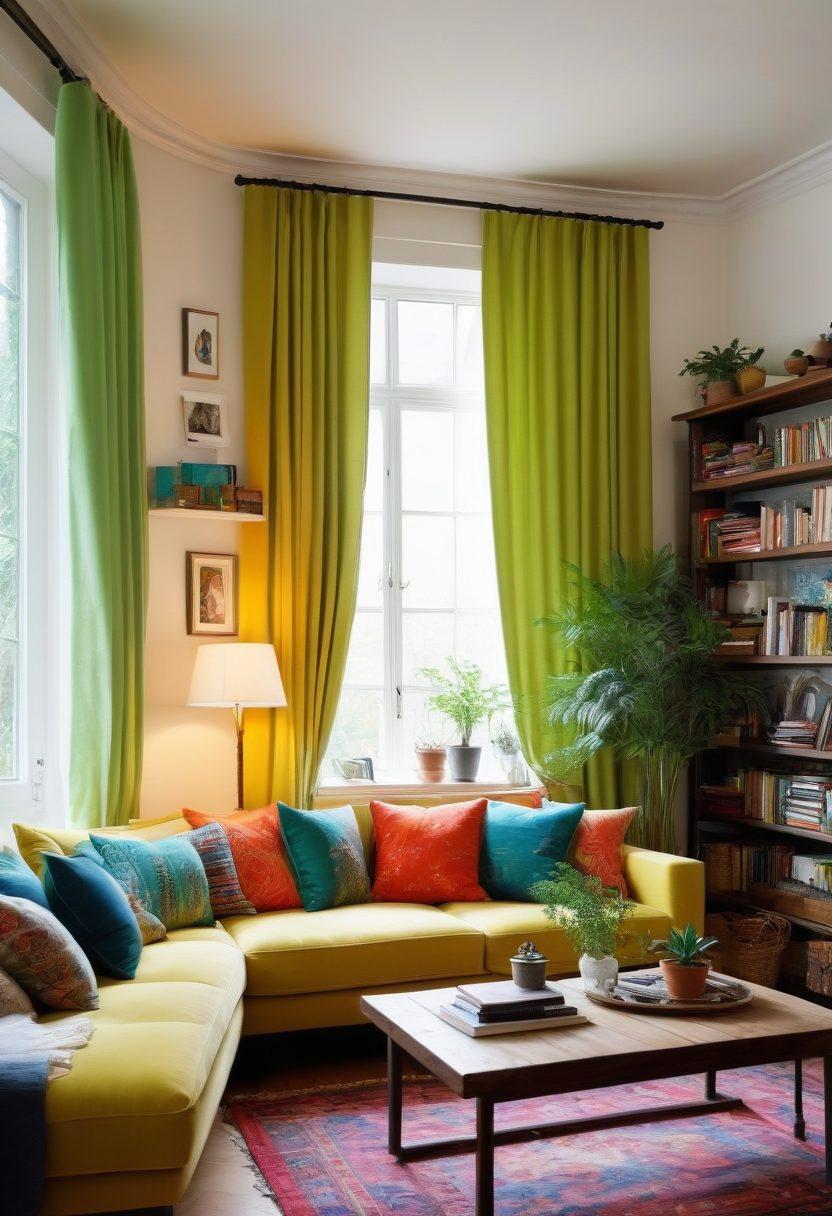 A cozy, personalized living room showcasing unique decor items like handmade crafts, colorful cushions, and a stylish bookshelf filled with eclectic books. Include a window with flowing curtains that lets in natural light, and a small indoor plant for a touch of green. The overall atmosphere should exude warmth and creativity, inviting viewers to explore various home decor ideas. vibrant colors. super-realistic.